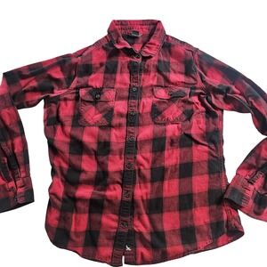 Eddie Bauer Shirt Womens Medium Red Black Plaid Flannel Button Front Casual